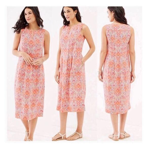 J. Jill Love Linen Women’s All Over Paisley Printed Sleeveless Midi Orange Pink - Picture 2 of 8